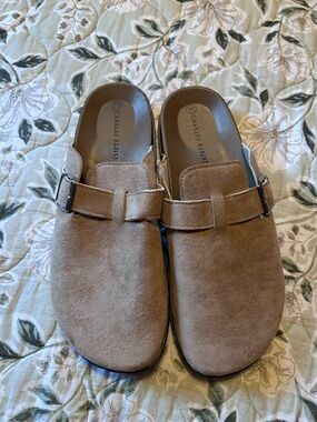 Charles Albert Taupe Suede Buckle Clogs